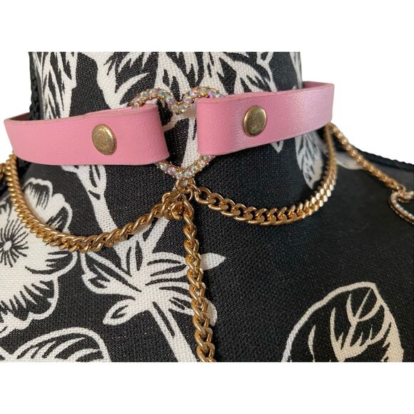 Pink Choker Collar Gold Chain Heart Pendants Gothic Korean Goth Punk Grunge Alt - Picture 2 of 9
